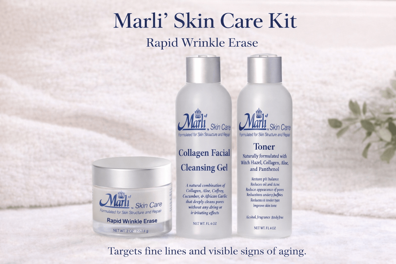 Marli Skin Care Skin Care Rapid Wrinkle Erase Marli Complete Skin Care Kit (With Rapid Wrinkle Erase Cream, Collagen Facial Cleanser Gel, & pH Balancing Toner)