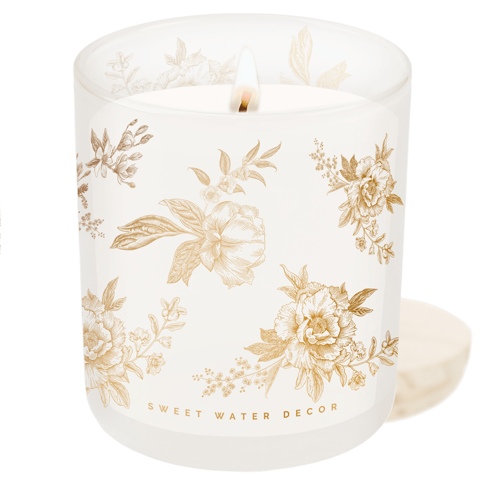 Sweet Water Decor Candles Gold Floral Soy Candle - White Translucent Tinted Glass Jar - 12 oz (Fresh Apple Blossom)